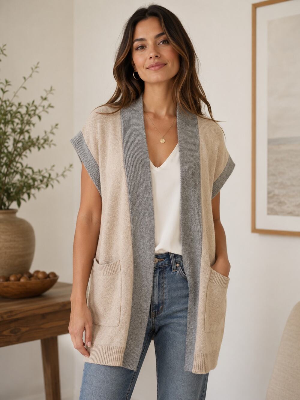 LABEL+thread SZ S Wool/Cashmere Kaia Sleeveless Cardigan in Barley & Gray $248